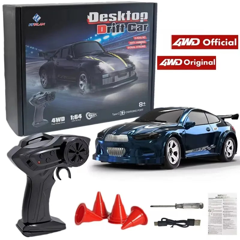4WD Mini Drift RC Car with LED Lights – 1/64 & 1/43 Scale Desktop Racer for Kids & Adults