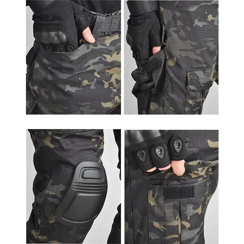MCBK Training Sets Combat Tops Tactical Suits Hunting Pants Paintball Mens Black Camo Shirts Multiple Pockets Wear-resisting