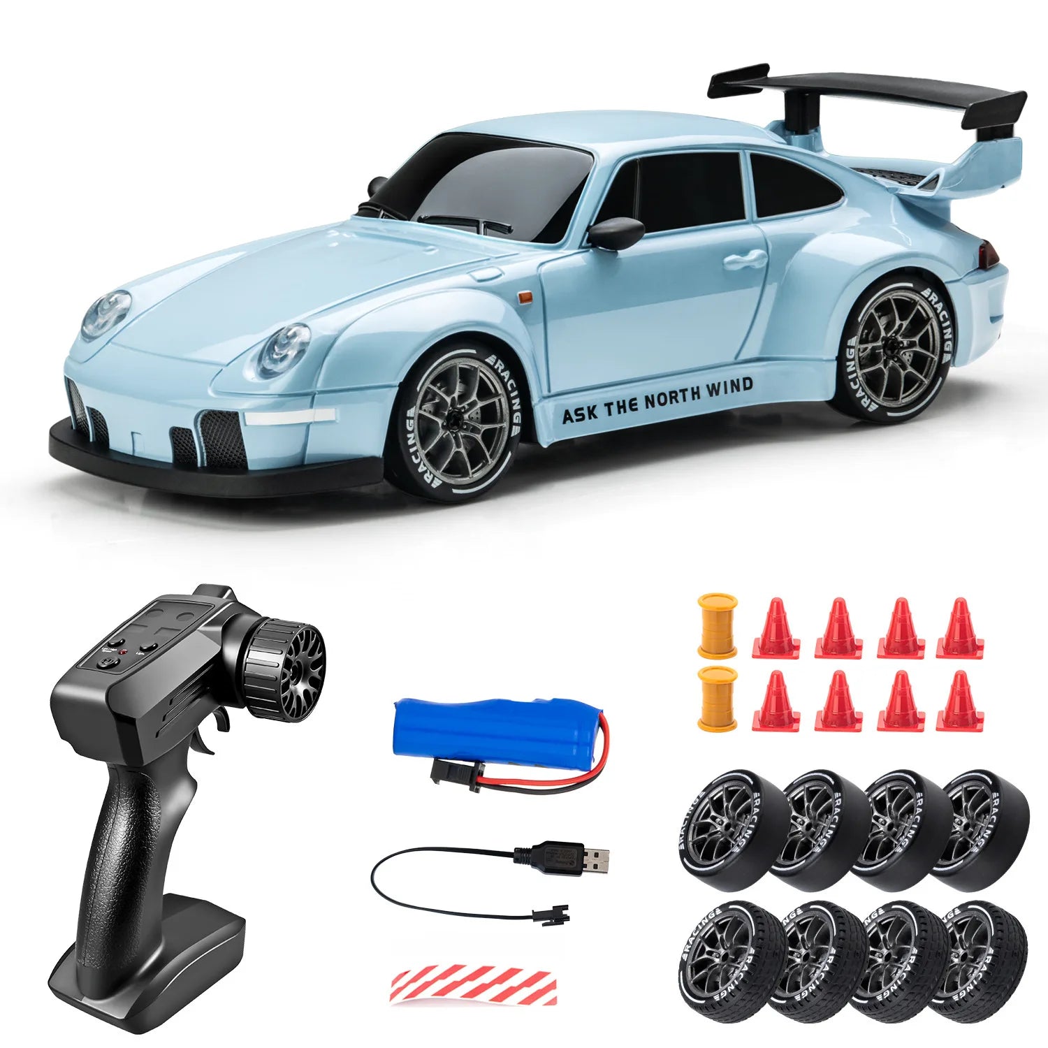 1:24 RC Drift Car with LED Lights – 4WD 20KM/H High Speed Drifter with Extra Tires
