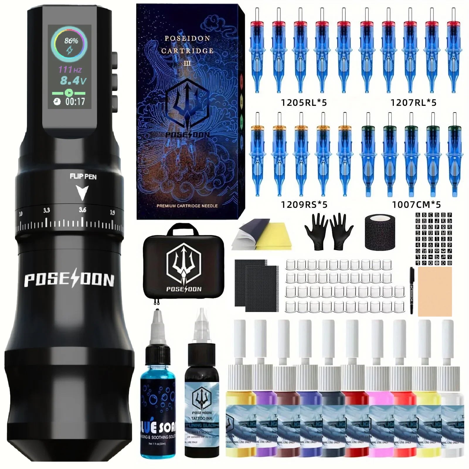 POSEIDON High Quality Black Wireless Tattoo Pen Kit – 11000 RPM Full Set