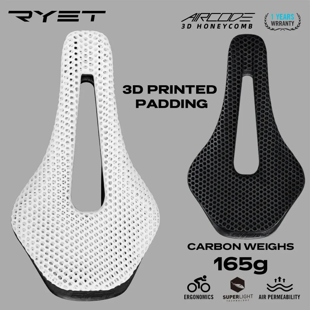 RYET 3D Printed Ultralight Bike Saddle – Carbon Fiber Hollow Breathable MTB & Road Cycling Seat