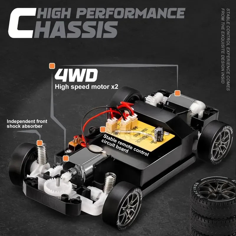 1:24 RC Drift Car with LED Lights – 4WD 20KM/H High Speed Drifter with Extra Tires