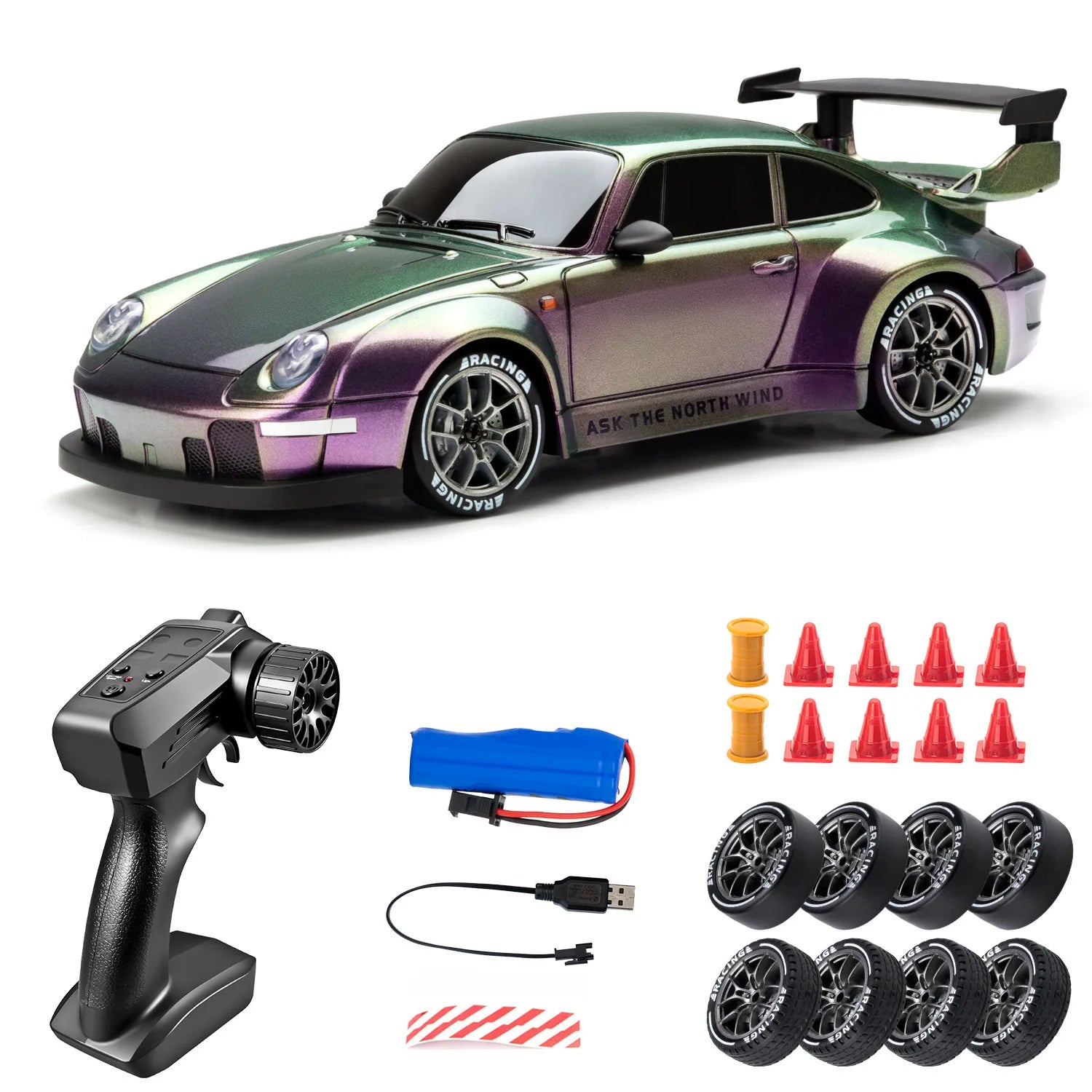 1:24 RC Drift Car with LED Lights – 4WD 20KM/H High Speed Drifter with Extra Tires