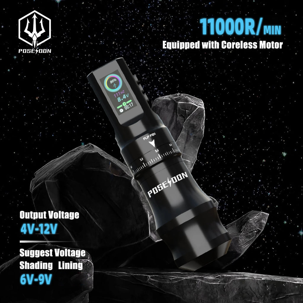 POSEIDON High Quality Black Wireless Tattoo Pen Kit – 11000 RPM Full Set