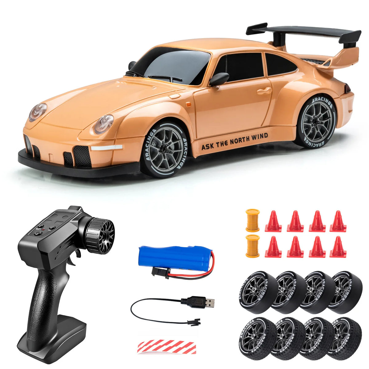 1:24 RC Drift Car with LED Lights – 4WD 20KM/H High Speed Drifter with Extra Tires