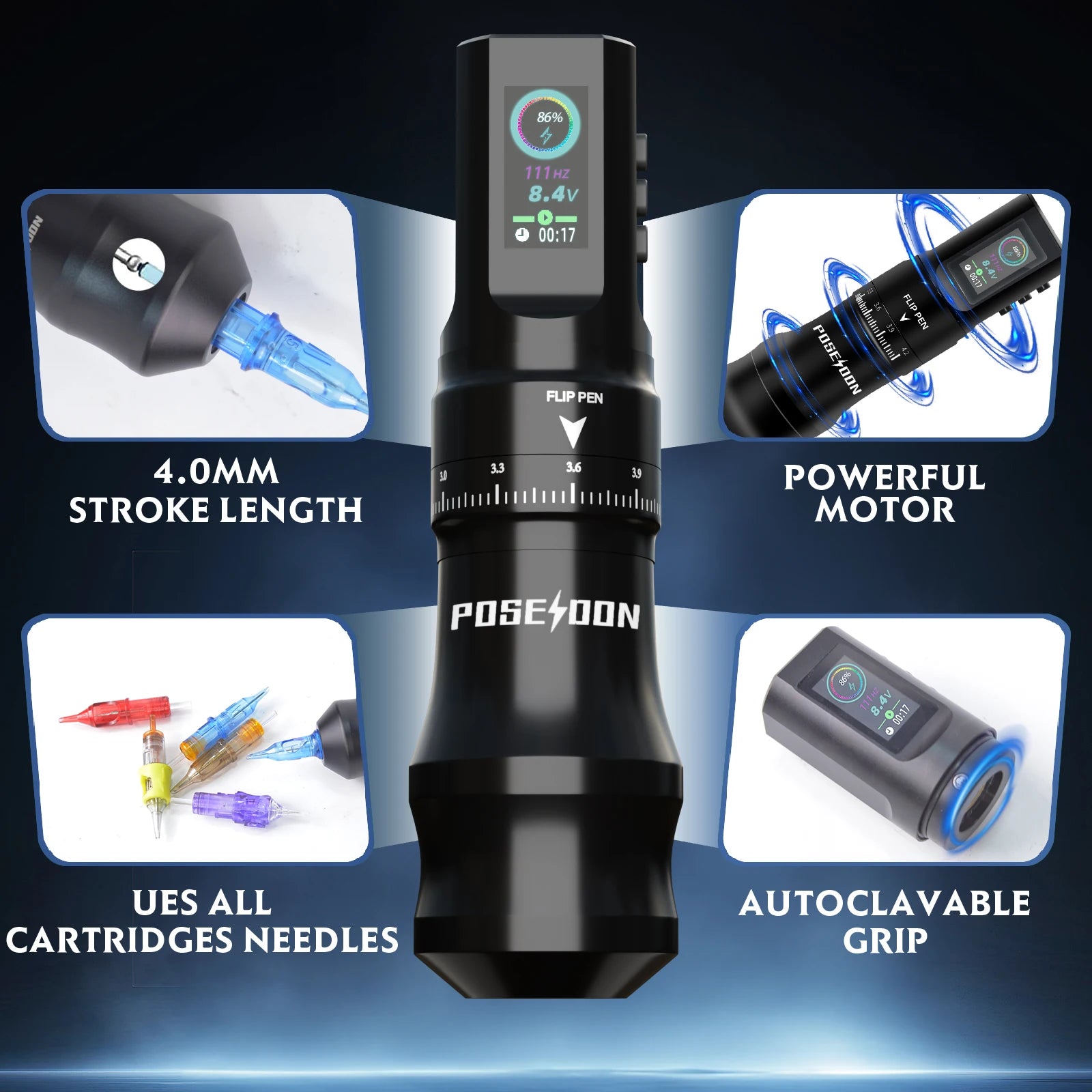 POSEIDON High Quality Black Wireless Tattoo Pen Kit – 11000 RPM Full Set