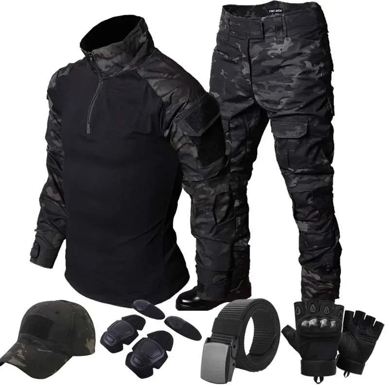 MCBK Training Sets Combat Tops Tactical Suits Hunting Pants Paintball Mens Black Camo Shirts Multiple Pockets Wear-resisting