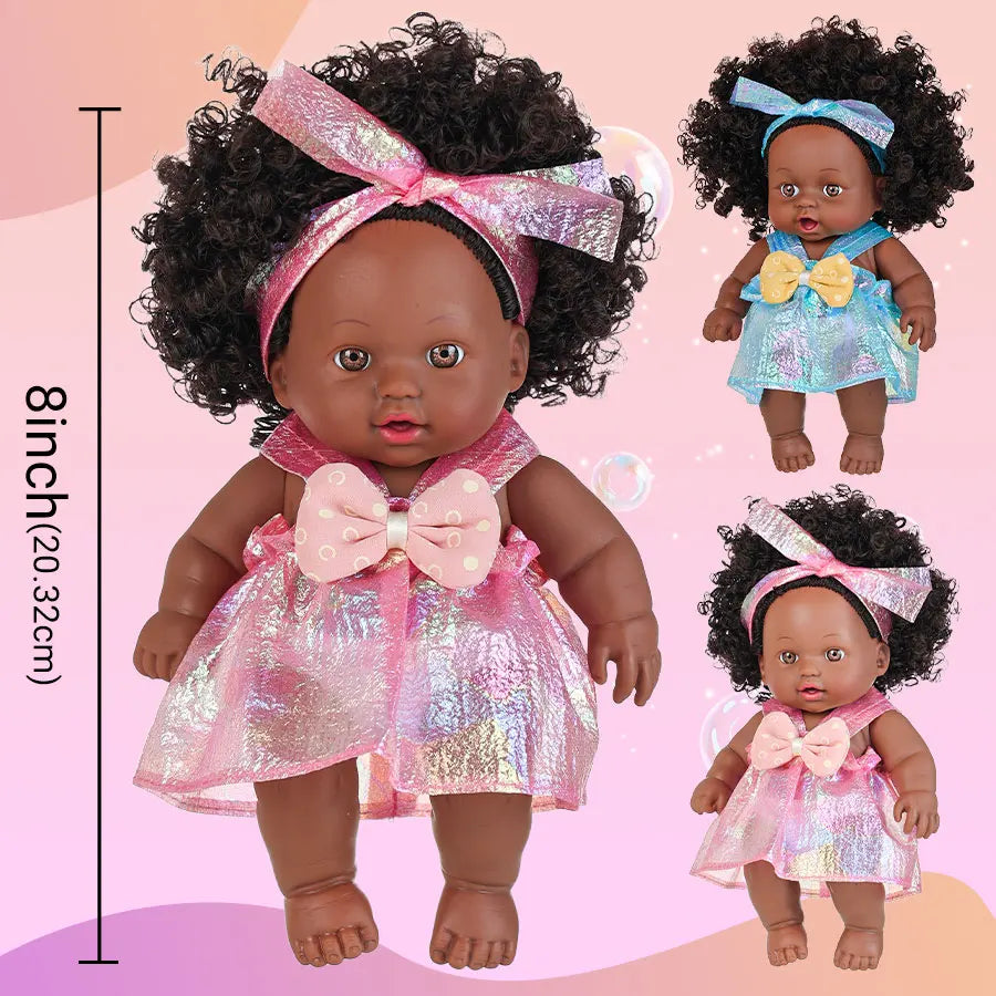 8 Inch African American Black Baby Doll – Curly Hair Full Vinyl Body