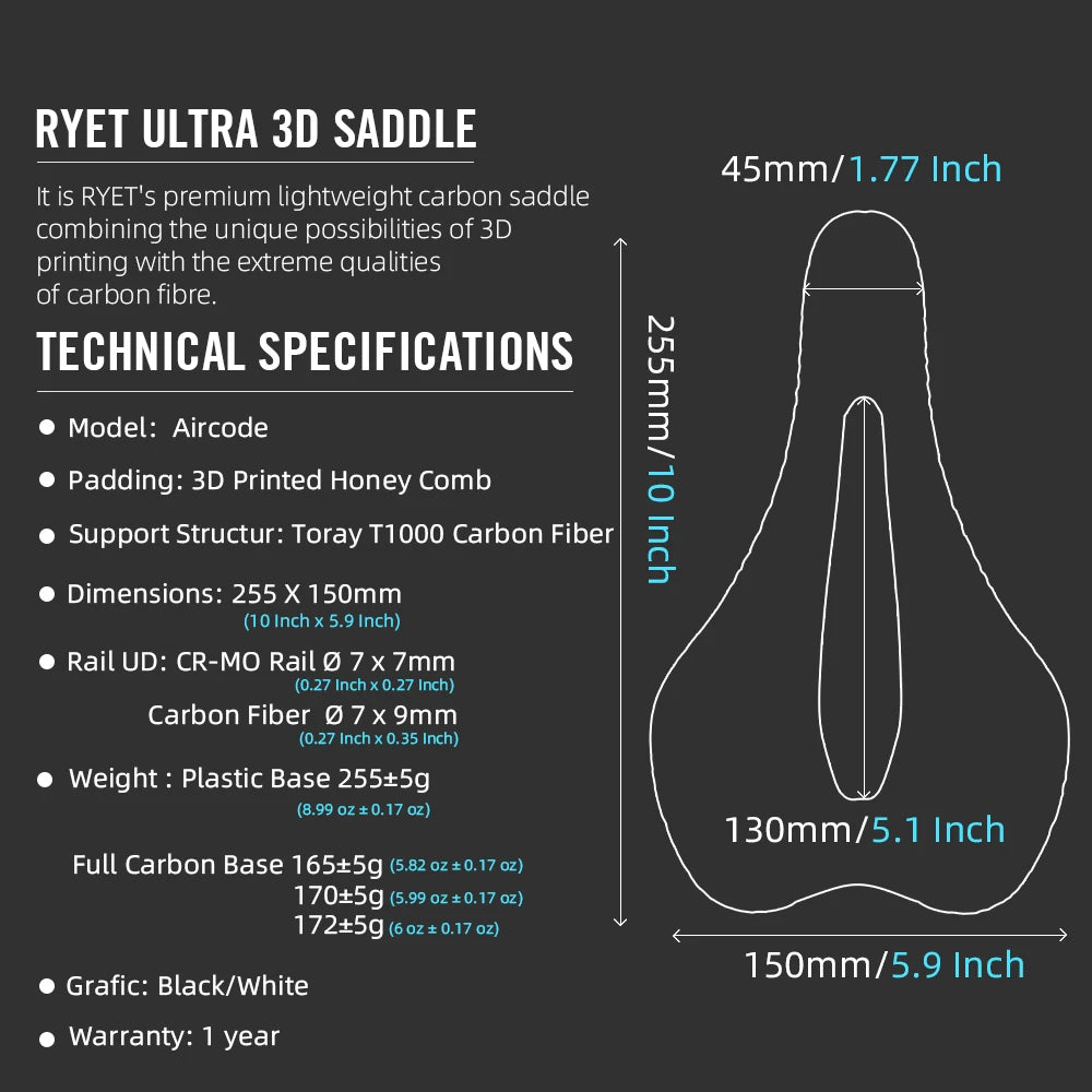 RYET 3D Printed Ultralight Bike Saddle – Carbon Fiber Hollow Breathable MTB & Road Cycling Seat