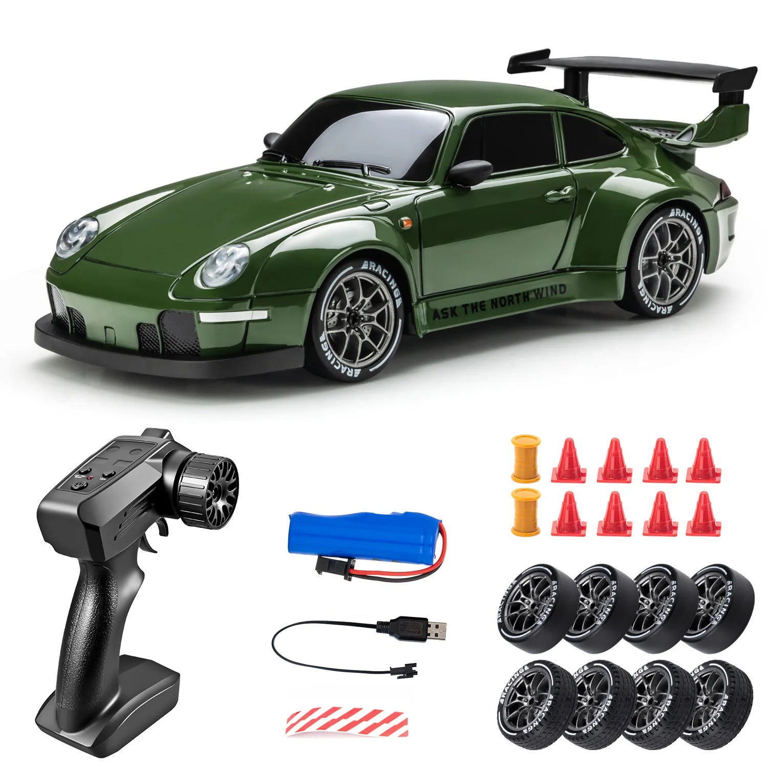 1:24 RC Drift Car with LED Lights – 4WD 20KM/H High Speed Drifter with Extra Tires